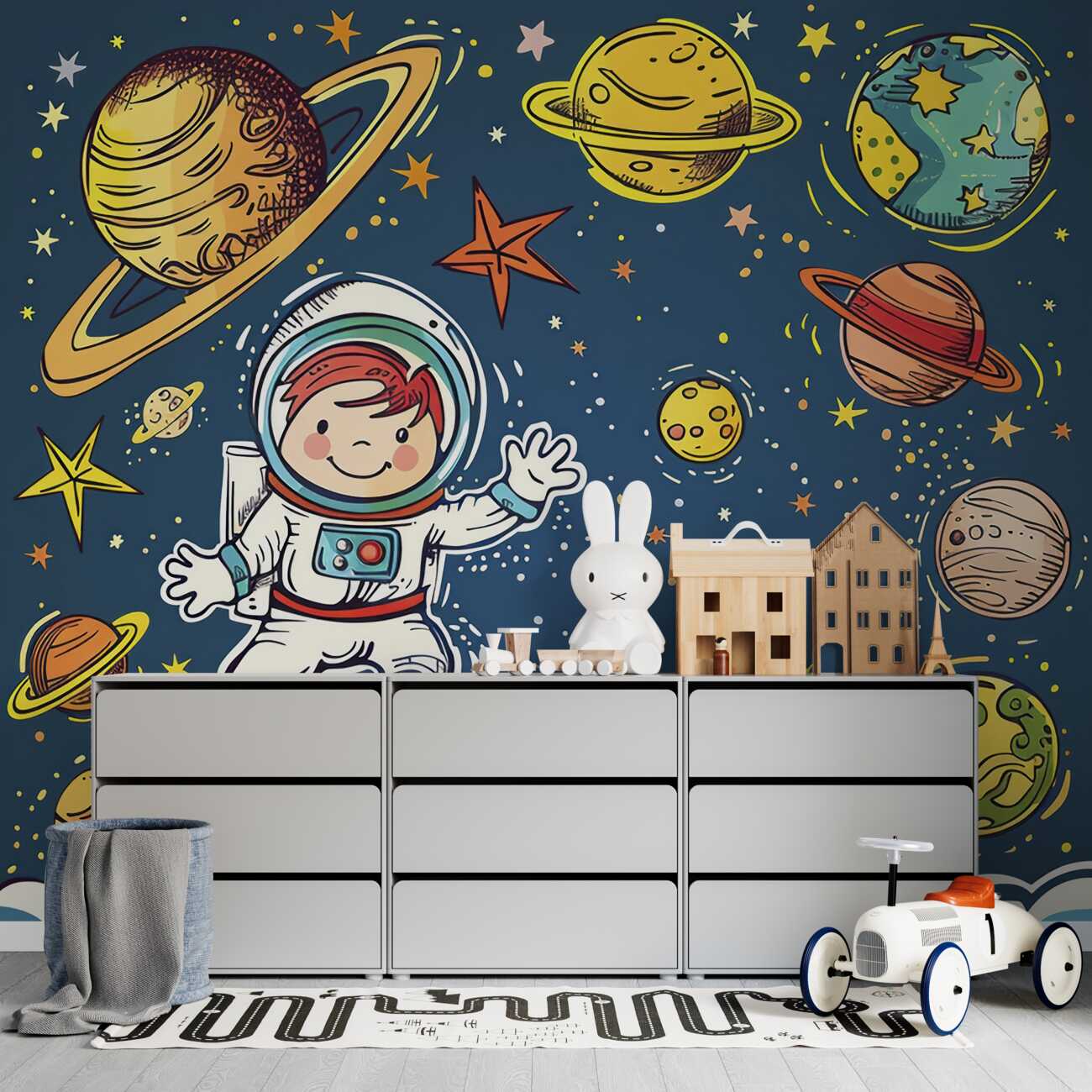 Fototapeta Chłopiec z astronautą, rakietą i planetą