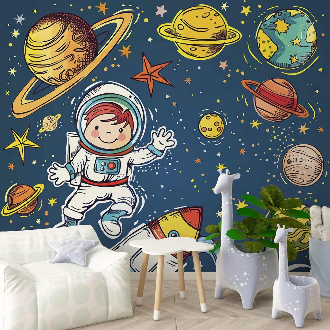 Fototapeta Chłopiec z astronautą, rakietą i planetą