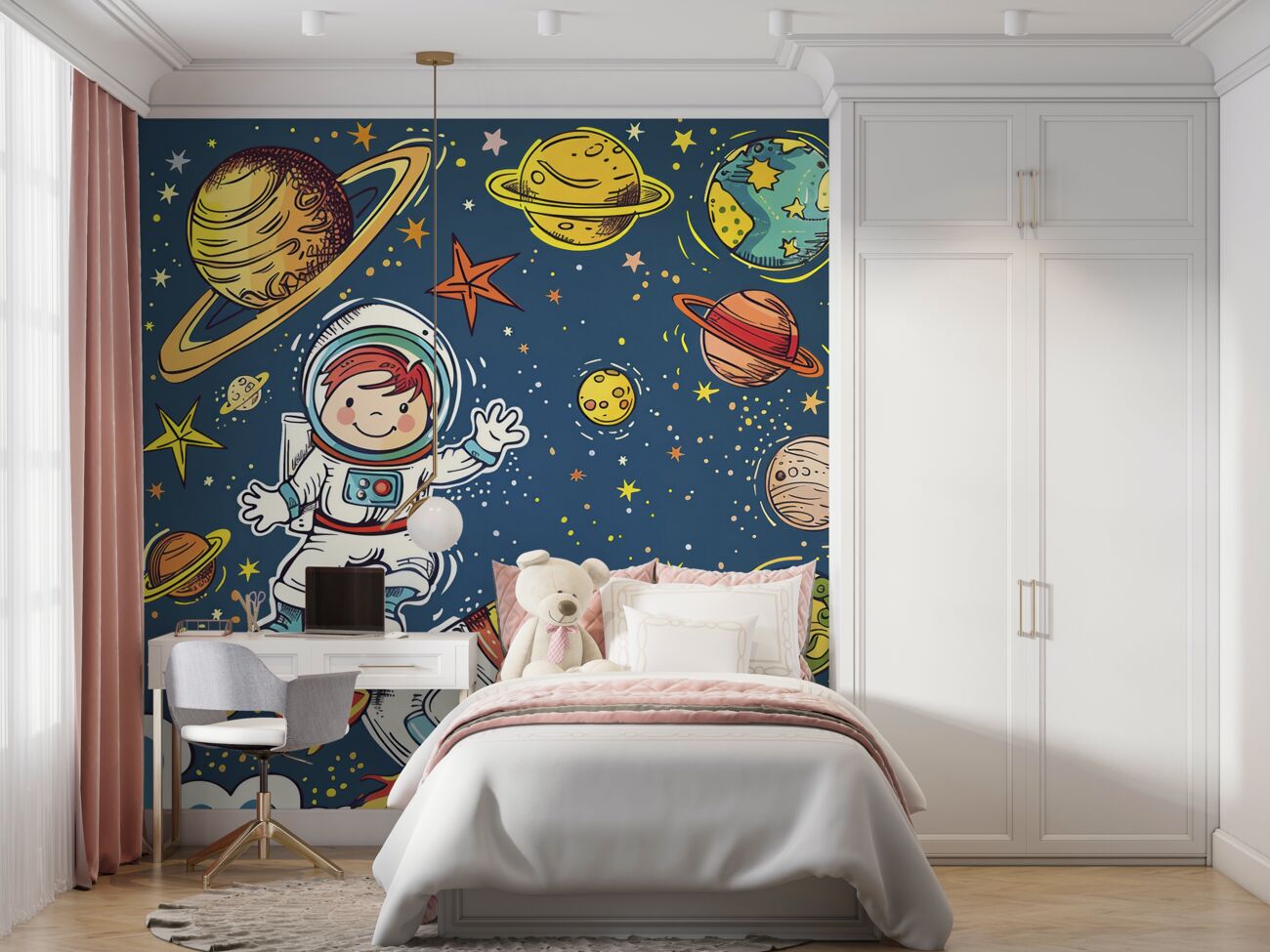 Fototapeta Chłopiec z astronautą, rakietą i planetą