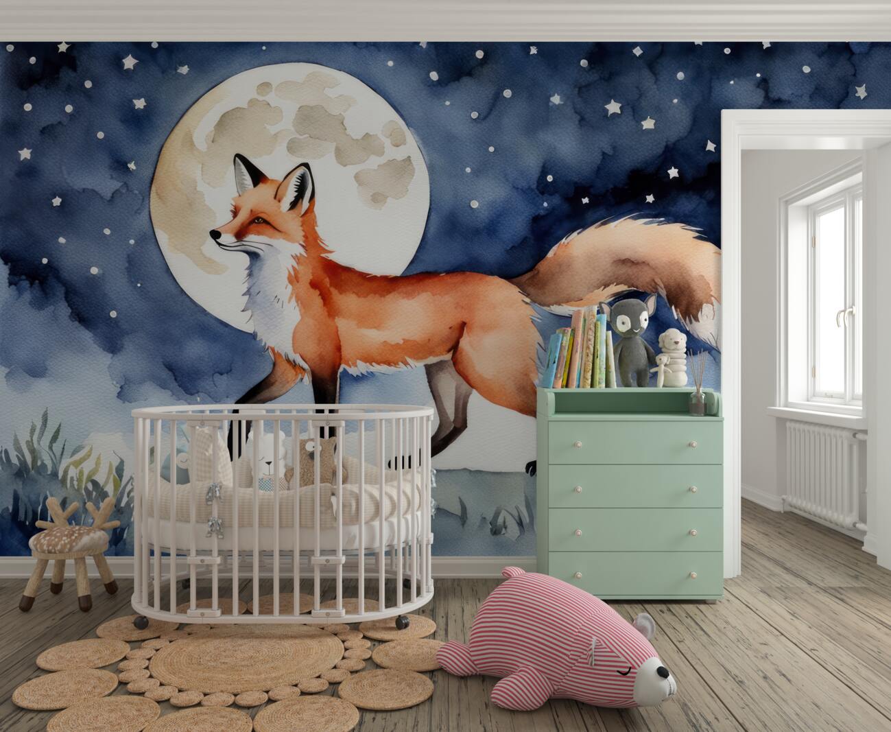 Fototapeta Fox idzie na tle pełni księżyca