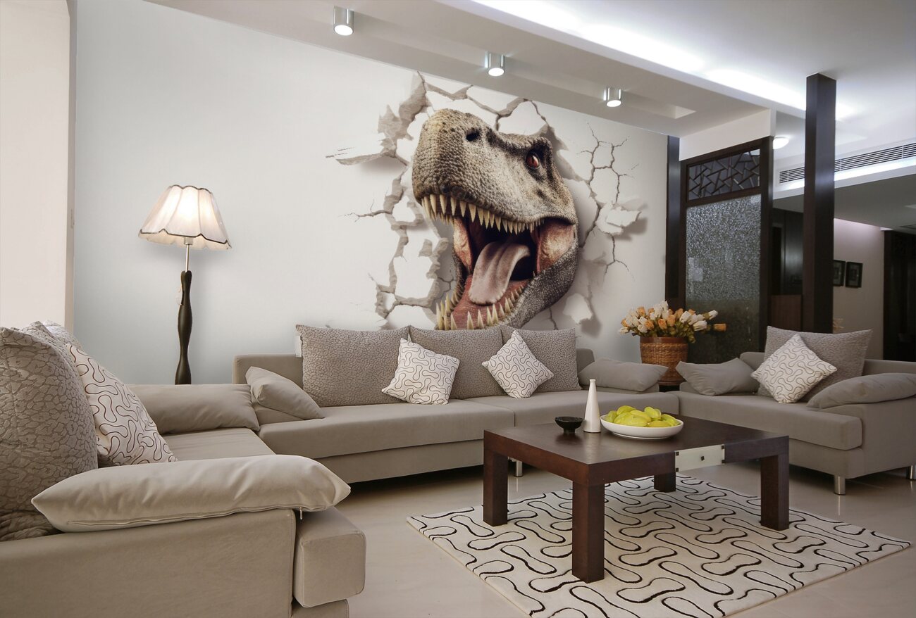 Fototapeta Głowa dinozaurów łapie przez ścianę